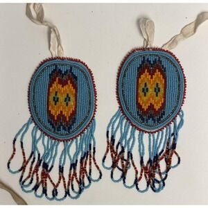 Vintage Plains Style Beaded Rosette Drops w/ Fringe – Pair